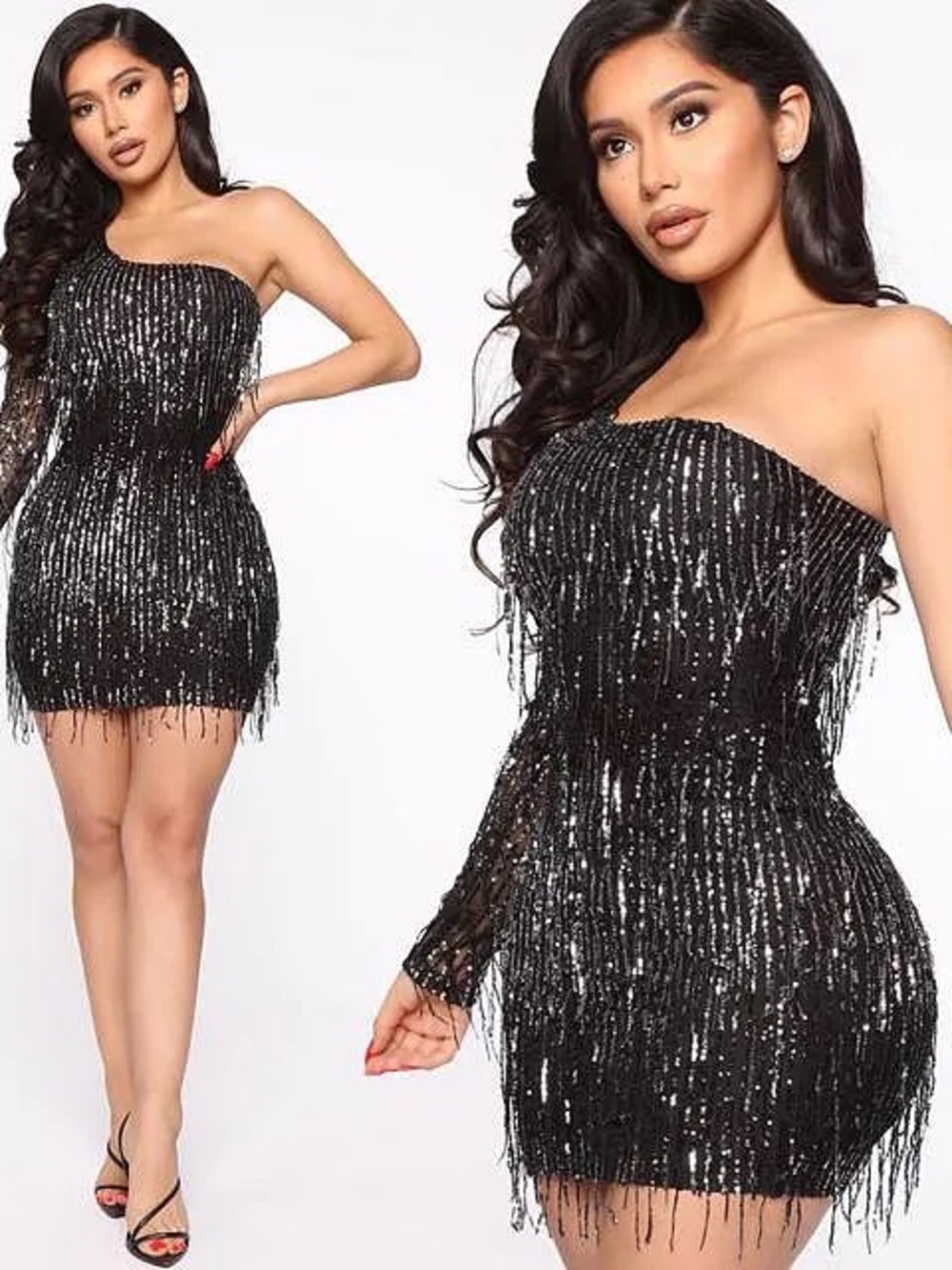 Black Sequin Fringe One-Shoulder Mini Dress